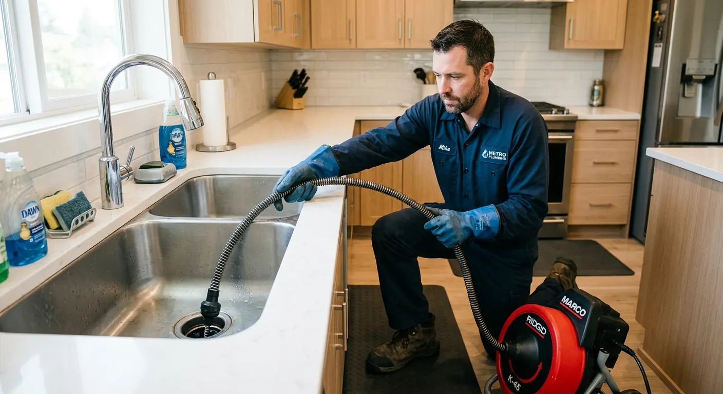 Drain cleaning technician using a motorized snake on a kitchen sink in Fredonia
