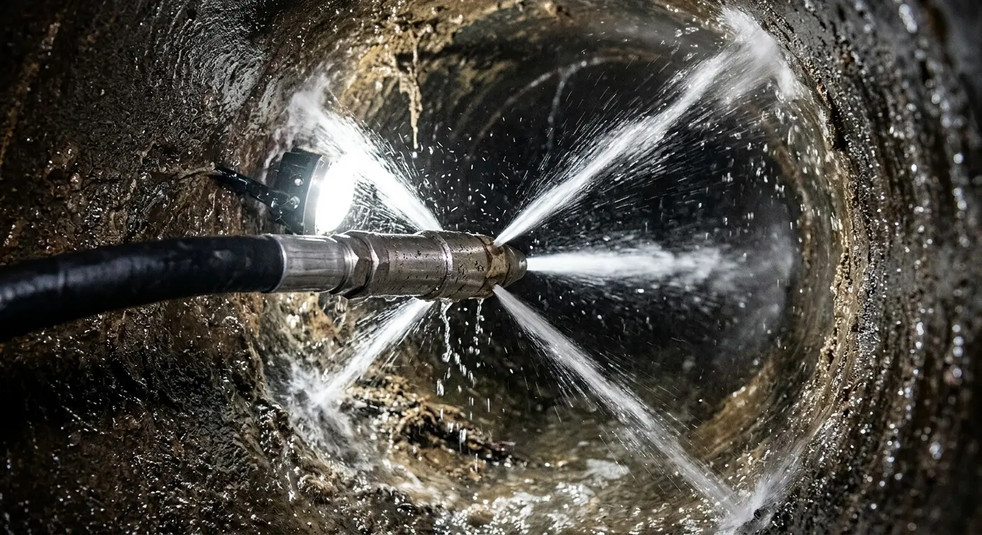 High-pressure hydro jetting nozzle cleaning sewer pipe for Trenchless Sewer Repair in Fredonia