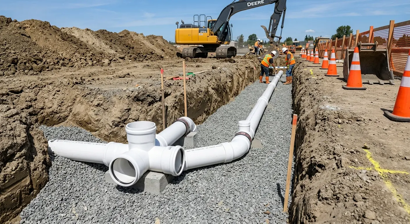 New PVC sewer pipe installation in open trench for Sewer Backup in Fredonia