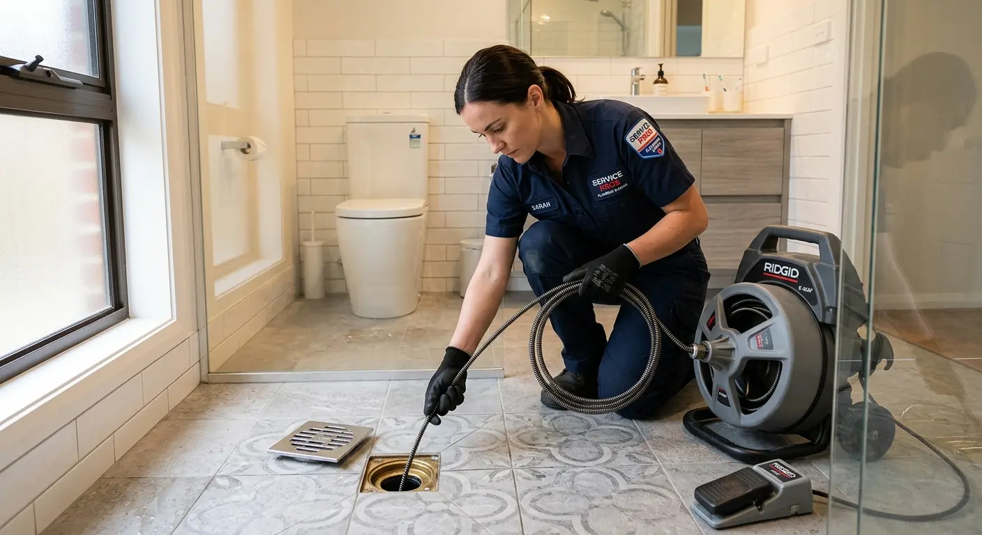 Technician clearing a bathroom floor drain for Sewer Line Replacement in Fredonia